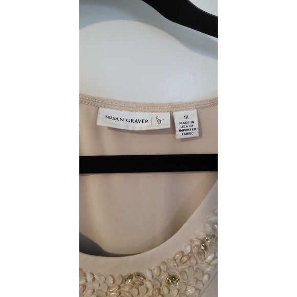 Susan Graver 1X Beige Embellished Scoop Neck 3/4 Sleeve Top Beaded Dressy Blouse - Picture 4 of 6